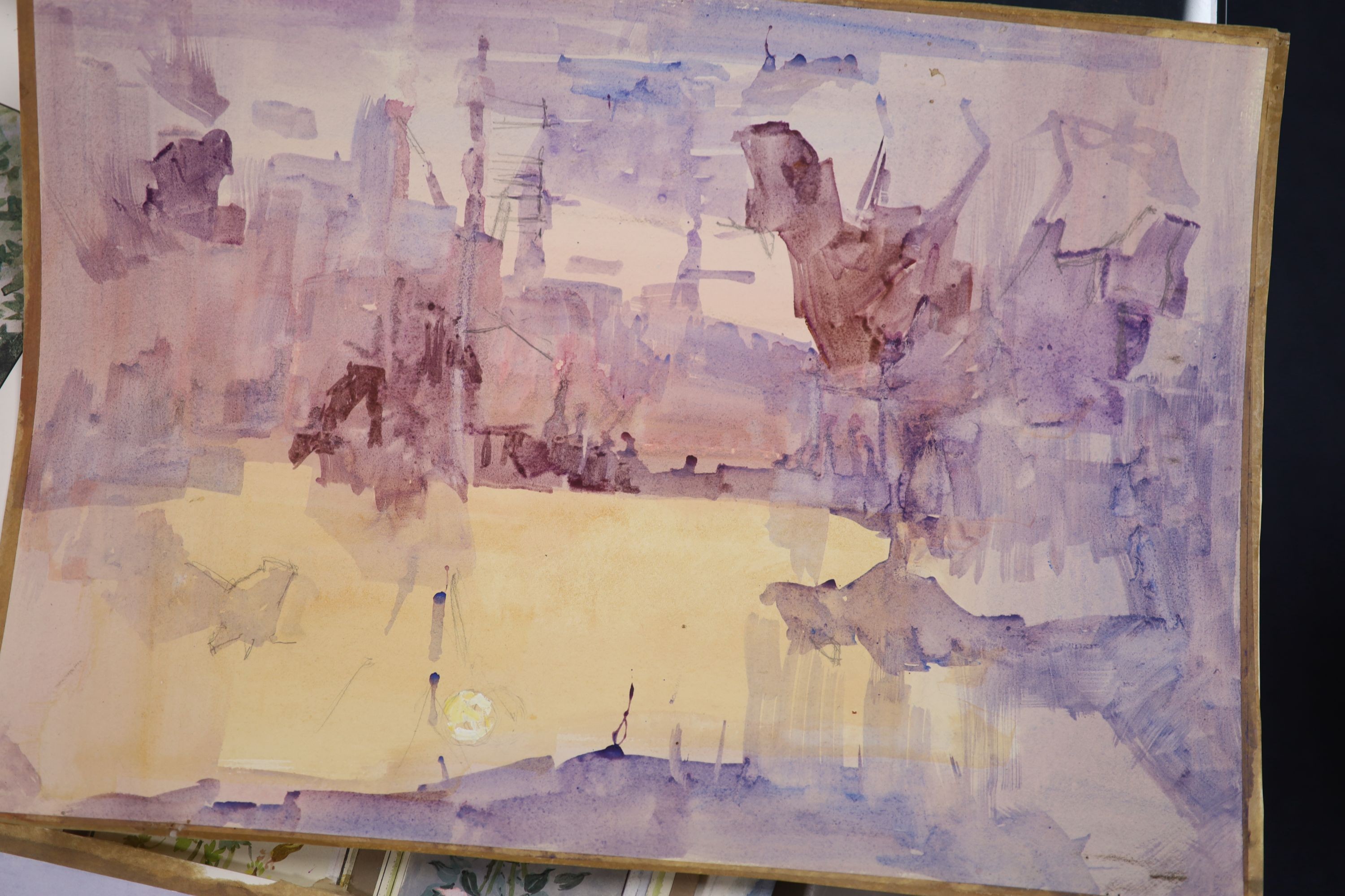 Michael Cadman (1920-2010), a folio of assorted watercolours and prints, Topographical scenes, largest 40 x 56cm, unframed